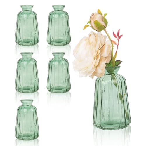 Image of Set of 6 Glass Bud Vases for Flowers, Light Green Small Flower Vases for Table Decorations