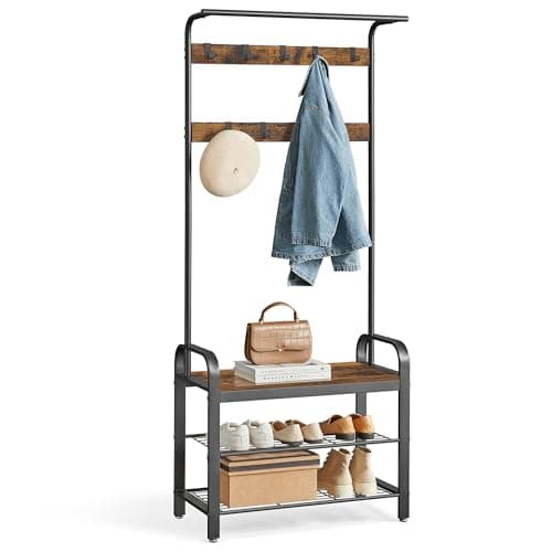 Image of VASAGLE Coat Rack, Coat Stand with Shoe Storage Bench, 4-in-1 Design, with 9 Removable Hooks, a Clothes Rail, for Hallway, Entrance, 33.7 x 72 x 183 cm, Industrial, Rustic Brown and Black HSR40B.