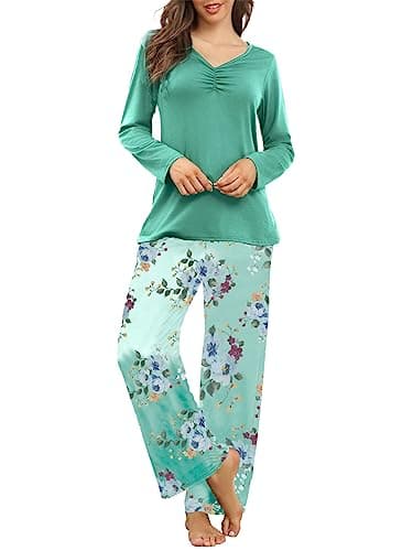 Image of Famulily Pyjamas for women Soft V Neck Loungewear Floral Winter Pjs Set Long Sleeve Sleepwear with Pockets Green XXL