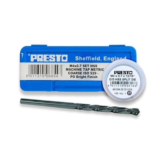 Image of Presto M4 x 0.7 HSS Metric Hand Tap Set (Pack of 3) 600004.040.7, M4 x 0.7 HSS Split Die 641004.00.70-1316 & 3.3mm HSS Tapping Drill From RDGTools