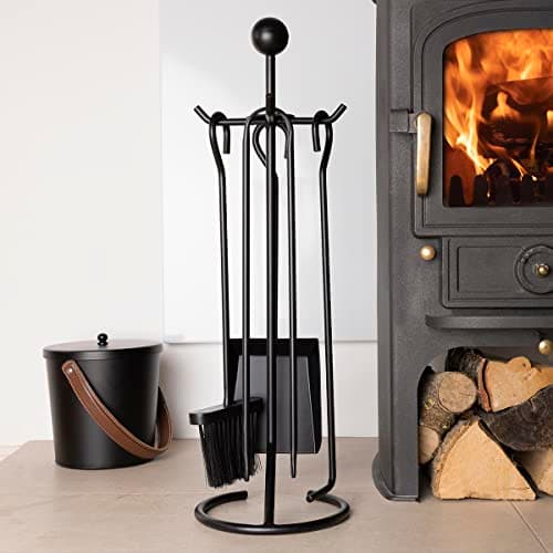 Image of Charles Bentley Snug Cedar Fireside Companion Set with Poker Tongs Coal Shovel Brush Tool Stand Iron Matte Black Finish