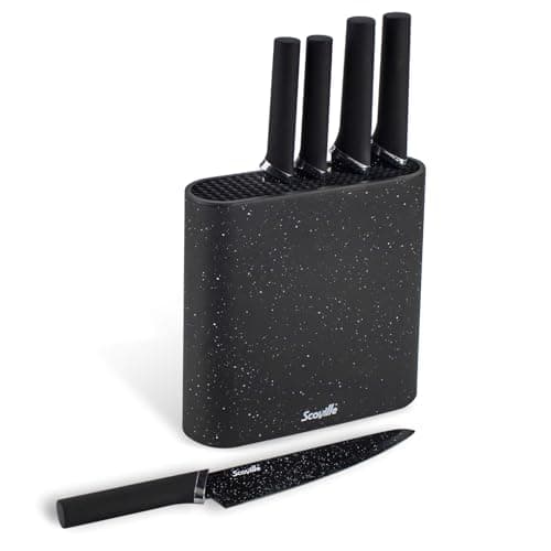 Image of Scoville 5 Piece Knife Block Set, Non Stick Kitchen Knives Set with Universal Knife Block, Stainless Steel Blades, Easy to Clean & Sharpen, PFOA Free, Soft Grip Handles, Speckled Finish, Black