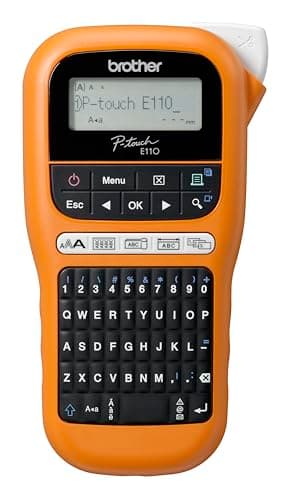 Image of Brother PT-E110 Label Maker, P-Touch Electrician Label Printer, Handheld, QWERTY Keyboard, Up to 12mm Labels, Includes 12mm Black on White Tape Cassette