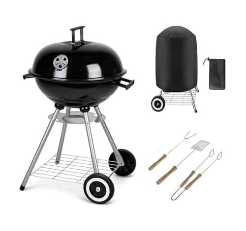 Image of BBQ Grill Patio Portable Charcoal BBQ Kettle with Cover & Cooking Utensils Tools, heels Stand Garden Camping Caravan Outdoor Barbecue Ball Rounded Bbq on wheels Black 43.5 cm Stainless Steel