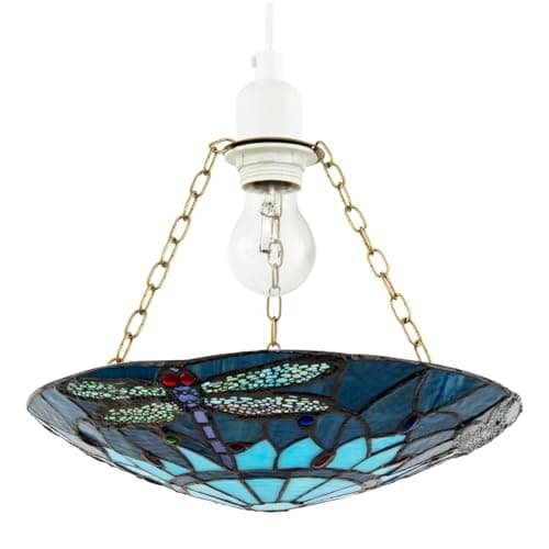 Image of Traditional Midnight and Sky Blue Dragonfly Tiffany Glass Easy Fit Pendant Light Shade | 30cm x 5cm | Antique Brass Supporting Chains by Happy Homewares