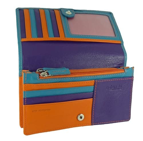 Image of Womens Leather Flapover Matinee Organiser Purse RFID Protection 10 Cards, Notes and Coins (Turquoise Orange Multi)