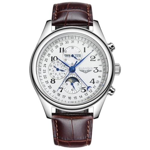 Image of Men Multifunctional Automatic Self-Wind Mechanical Watch Sapphire Crystal Business Moon Phase Perpetual Calendar Waterproof Clock Man Stainless Steel or Leather Strap Wristwatch (silver white brown)