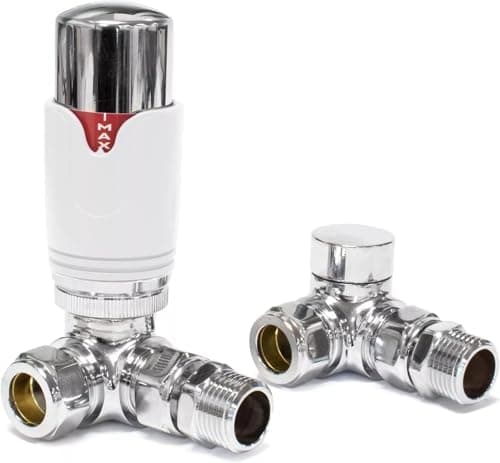 Image of Team Controls Designer Corner Thermostatic Radiator Valve & Towel Rail valves TRV with Lockshield Chrome White 15mm x 1/2"