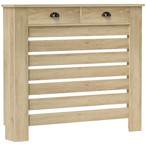 Image of HOMCOM Radiator Cover with Drawer, Horizontal Slatted Grill, Oak Painted MDF Wood Cabinet Shelf Heating Cover for Living Room Bedroom Hallway, Medium (H: 95.5 / W: 111 / D: 19 cm)