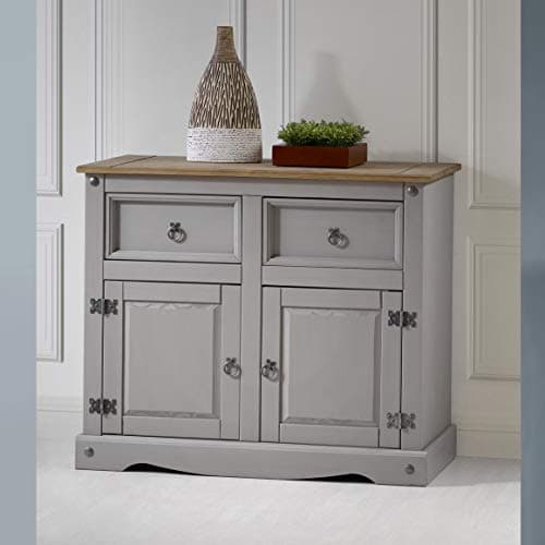 Image of Mercers Furniture Trade Corona 2 Door Sideboard Grey 2 Drawers Solid Wood Pine Cabinet Dresser Cupboard Small Painted Wax Wooden Kitchen Living Room Lounge Hallway Bedroom Unit Mexican Style