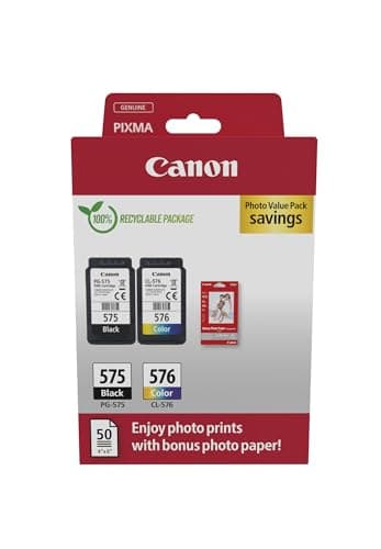 Image of Canon Ink & Paper Multipack - PG-575/CL-576 Genuine Printer Ink Cartridges 2 Pack (1 x Black, 1 x Colour) & 4x6 Photo Paper (50 x Sheets)