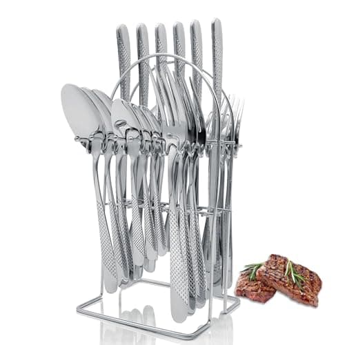 Image of Cutlery Set with Stand, 24 Piece Gold Silverware Set Cutlery Set, Stainless Steel Flatware Set for 6 Person, Mirror Polished Tableware Set with Holder for Home Kitchen (Silver)