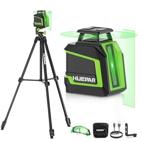Image of Huepar 360° Laser Level with Tripod 150cm, 82Ft - 165Ft Self Leveling Laser Level with Pulse Mode, 3 Brightness Levels Rechargeable Li-ion Battery Green Line Laser Leveler Tool for DIY Indoor Project