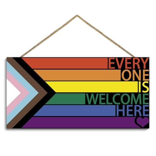 Image of Pride Decorations Accessories Lgbt Rainbow Sign Front Door Decor, Every One Is Welcome Here Pride Flag Wooden Wall Decor,Gay Rainbow Decorations For Home Wall Porch Front Door Classroom