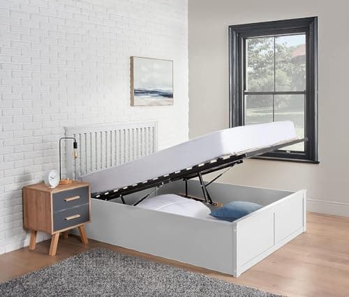 Image of Home Treats White Double Wooden Ottoman Bed Frame | Double Bed with Storage White 4ft6 Double | Lift Up Under Bed Storage (135 x 190 cm, No Mattress)