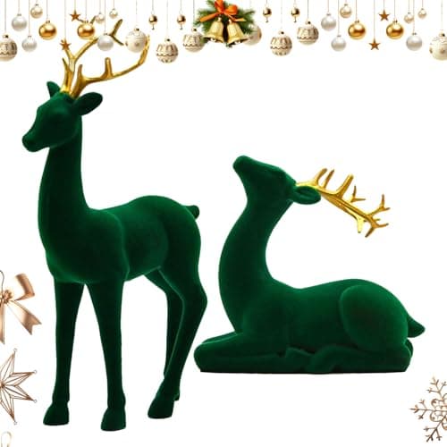 Image of Velvet Christmas Deer Figurines - Flocking Christmas Animals, Christmmas Reindeer Decor, 2 Pieces Red and Green Aesthetic Standing Sitting Elk Statue for Workplace Bedside Table Party Kitchen
