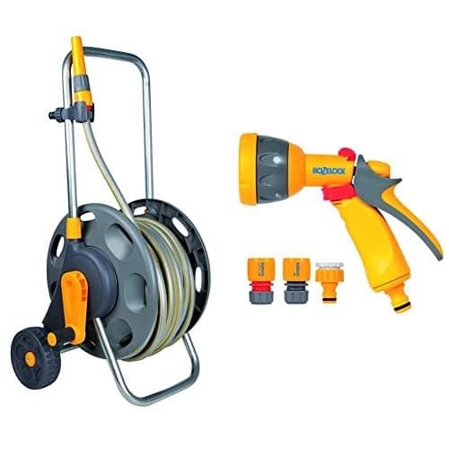 Image of Hozelock 2435 0000 60m Assembled Hose Cart with 50m Hose, Multicolour & Hozelock Ltd 2347 0000 Multi Spray Watering Gun Starter Set, 205.0 mm*230.0 mm*260.0 mm, Multicolour