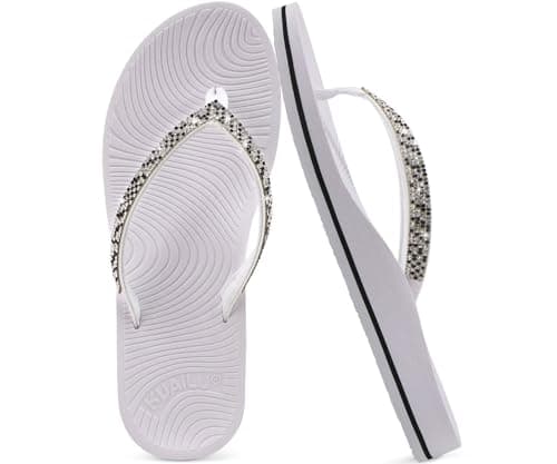 Image of KuaiLu Women's Rhinestone Flip Flops with Comfort Arch Support Yoga Mat Cushion Sandals Fashion Summer Beach Pool Travel Orthotic Walking Thong Sandles Slip on Plantar Fasciitis Silver White 6