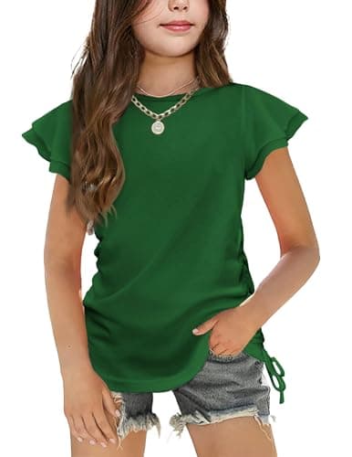 Image of Arshiner Girls T-Shirt Green Kids Ruffle Sleeve Top Round Neck Top Casual Children's Clothing with Drawstring 11-12 Years