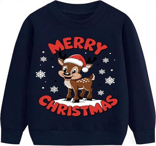 Image of Boys Girls Christmas Jumper for 3-4 Years Old Kids Unisex Xmas Sweatshirt Merry Christmas Reindeer Navy Blue Tops Children Long Sleeve Cotton Clothing Outfits Casual Crewneck Winter Clothes