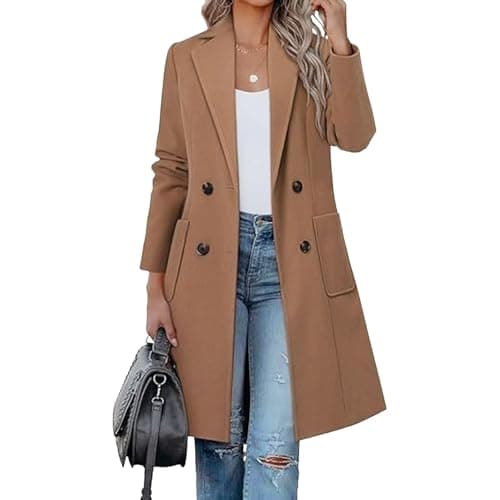 Image of Cropped Trench Coat for Women Women Winter Wool Blend Camel Mid-Long Coat Notch Double-Breasted Lapel Jacket Outwear