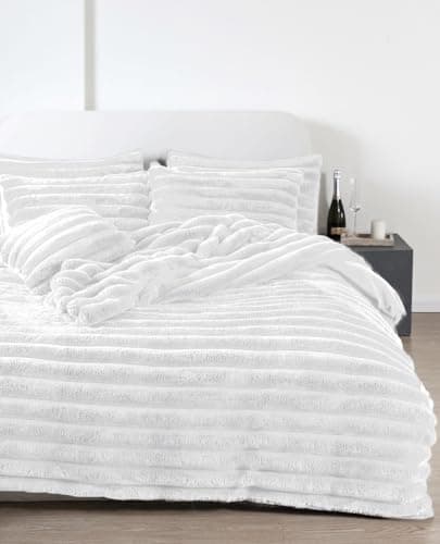 Image of Big Cord Teddy Fleece Duvet Set, Chunky Ribbed Warm Cosy Fluffy Bedding With 2 Pillow Cases Soft V-Shape Cover & Cushion Covers Thermal Curtains Ring Tops Bedroom Accessories (White, Double)