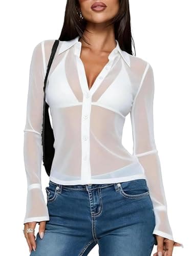 Image of SANSIWU Women Long Sleeve Sheer Mesh Button Up Shirt See Through Sheer Top Oversized Shirts Blouse Going Out Tops (White, XL)