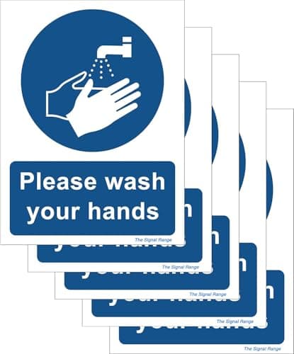 Image of The Signal Range Pack of 5 Minimalist White Vinyl Plastic Safety Signs - 135 x 180 mm - Please Wash Your Hands