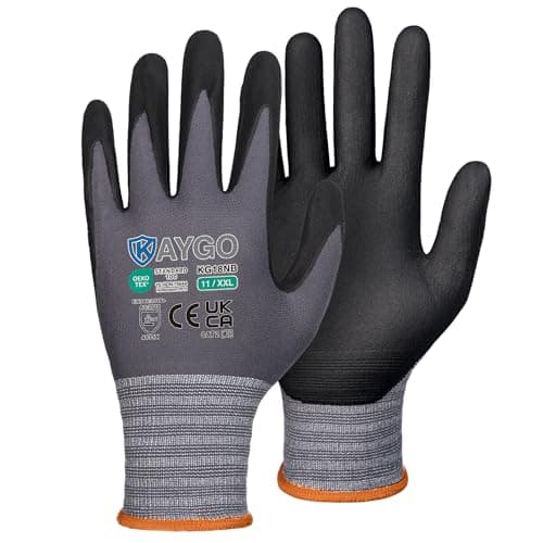 Image of KAYGO Micro Foam Nitrile Coated Work Gloves 12 Pairs, Nylon Liner, Breathable and Flexible, Light Oil Grip, for Warehouse, Construction, DIY, Auto Repair, KG18N (XX-Large, Grey)