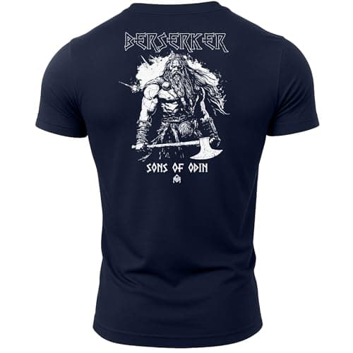 Image of GYMTIER Sons of Odin Berserker - Viking - Men's Gym T-Shirt - Bodybuilding Workout Top, Navy, L
