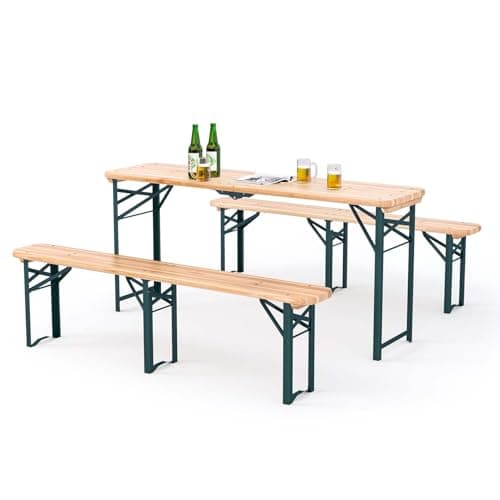 Image of Warmiehomy 167CM Folding Camping Garden Picnic Table and Bench Set, Portable Outdoor Wooden Trestle Beer Table and Bench, 3pcs Outdoor Furniture Set for Patio Yard Party BBQ