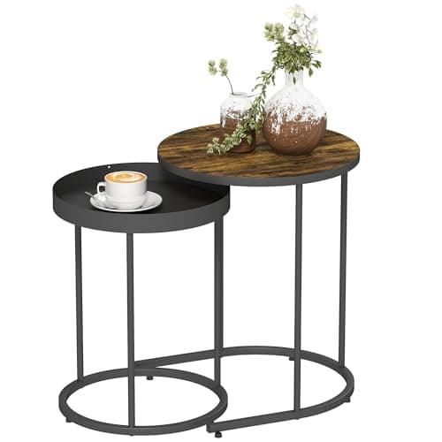 Image of HOMCOM Nesting Side Table Set of 2, Industrial Round Tables with Tray Top and Metal Frame for Living Room, Bedroom, Home Office, Rustic Brown