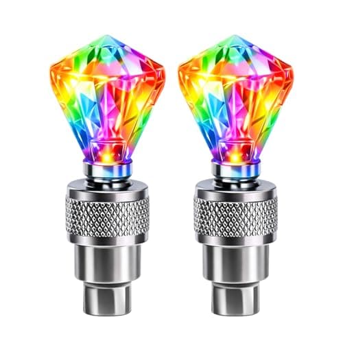 Image of 2Pcs Bike Wheel Lights, Waterproof Bike Spoke Lights with Motion Sensor, Car Wheel Tire Air Valve, Color Changing Bicycle Tire Light for Night Cycling, Bright Wheel Light Caps for Car, Bike