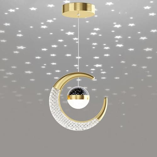 Image of Mengjay Moon Pendant Light With Stars - Creative Chandelier Ceiling Light for Kids Children Bedroom Decoration (Gold White)