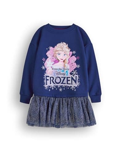Image of Disney Frozen Girls Sweater Dress | Kids Princess Elsa Sweatshirt with Sparkly Tulle Skirt in Navy | Glitter Graphic Jumper All in One Complete Outfit | Film Movie Merchandise Apparel Gift Children