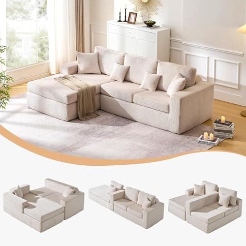 Image of CLIPOP Boneless Couch L Shaped Corner Sofa Left with Deep Seat, Corduroy 3 Seater Modular Sofa Set Chaise Lounge for Living Room, No Assembly Required - Sofa in a Box (cream)