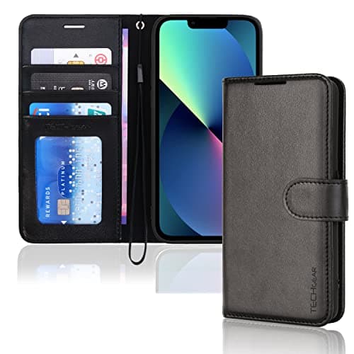 Image of TECHGEAR iPhone 14 Plus Leather Wallet Case, Flip Protective Case Cover with Wallet Card Holder, Stand and Wrist Strap - Black PU Leather with Magnetic Closure Designed for iPhone 14 Plus 6.7"