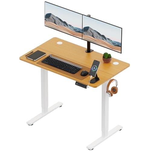 Image of VonHaus Electric Standing Desk, USB-C Charging Height Adjustable Sit Stand Desk with Anti-Collision, Height Preset Technology & Cable Management, Light Wood Two Piece Desktop & Steel Frame, 100x60cm