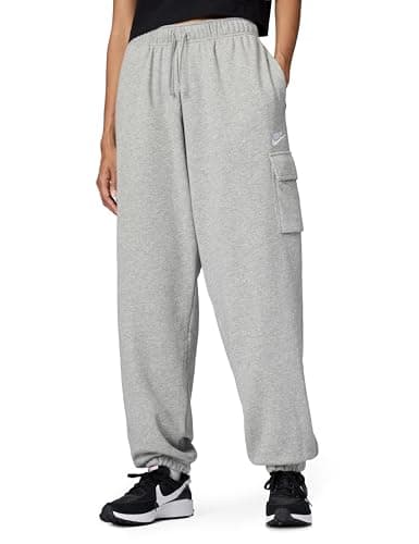 Image of Nike Women's Sportswear Club Fleece Mid-Rise Oversized Cargo Sweatpants, Dark Grey Heather/White, Large