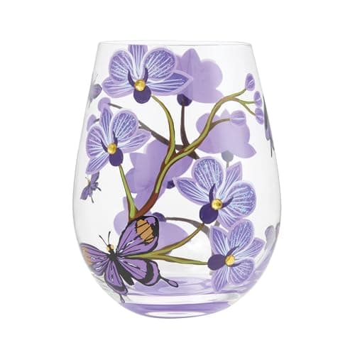 Image of Enesco Lolita Butterfly Jubilee Floral Hand-Painted Artisan Stemless Wine Glass, 20 Ounce, Multicolor