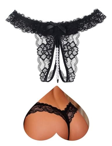 Image of ohyeahlady Floral Lace Thongs for Women Cut Out French Knickers Black Cheeky Underwear Low Rise T Back Bikini Briefs Size 12