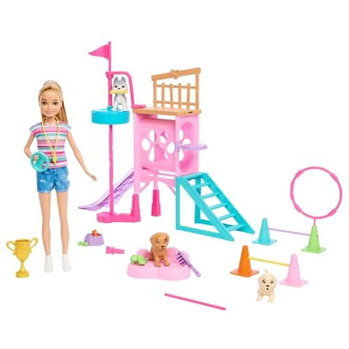 Image of Barbie and Stacie to the Rescue Doll & Playset, Puppy Obstacle Course with Doll, 3 Dog Figures & 18 Accessories, for ages +3 Years old, HRM10