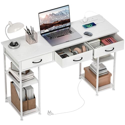 Image of HOMCOM Computer Desk with Power Outlets, 120cm Home Office Desk with 3 Fabric Drawers and 4 Storage Shelves, Study Table Workstation for Bedroom, White