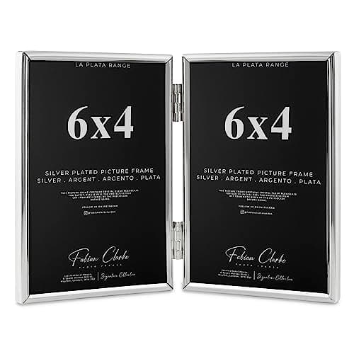 Image of Silver Plated Photo Frame Double Book Style Picture Frame Plain Satin Finish and Tarnish Protected for Wedding Picture or Family Photo (6x4)