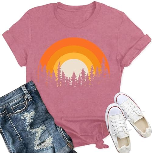 Image of Qskall Hiking T Shirts Women Adventure Shirt Forest Sunset Tee Outdoor Camping Tops Pink