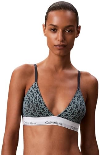 Image of Calvin Klein Women’s Lightly Lined Triangle Bra with Logo Band, Green (Bijou Modern Emblem Outline+Stratif), S