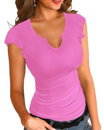 Image of Necooer Ladies Casual V-Neck Shirt Ribbed Ruffled Cuffs Short Sleeve Slim Summer T Shirt Basic Summer Sweet Pink Tops（Pink ，XXL）
