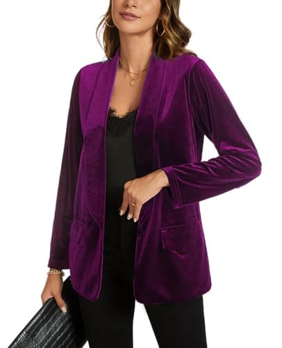 Image of MINTLIMIT Women Casual Velvet Blazers Shawl Lapel Open Front Work Suit Long Sleeve Office Blazer Jacket with Pockets 2025 Fall Purple