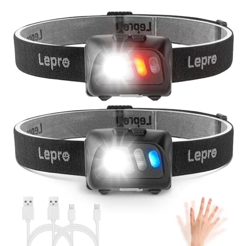 Image of Lepro Head Torch, [2 Pack] Super Bright Led Rechargeable Headlamp with Motion Sensor, Long Runtime, 5 Lighting Modes, Red Lights, Waterproof Lightweight Headlight for Running Camping