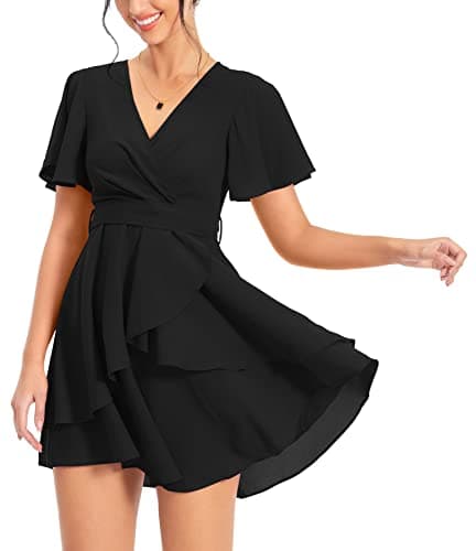 Image of PCEAIIH Women's Cocktail Dresses Short Sleeve Empire Skater Dress Deep V-Neck Waist Tie Ruffle Mini Swing Dresses L Black